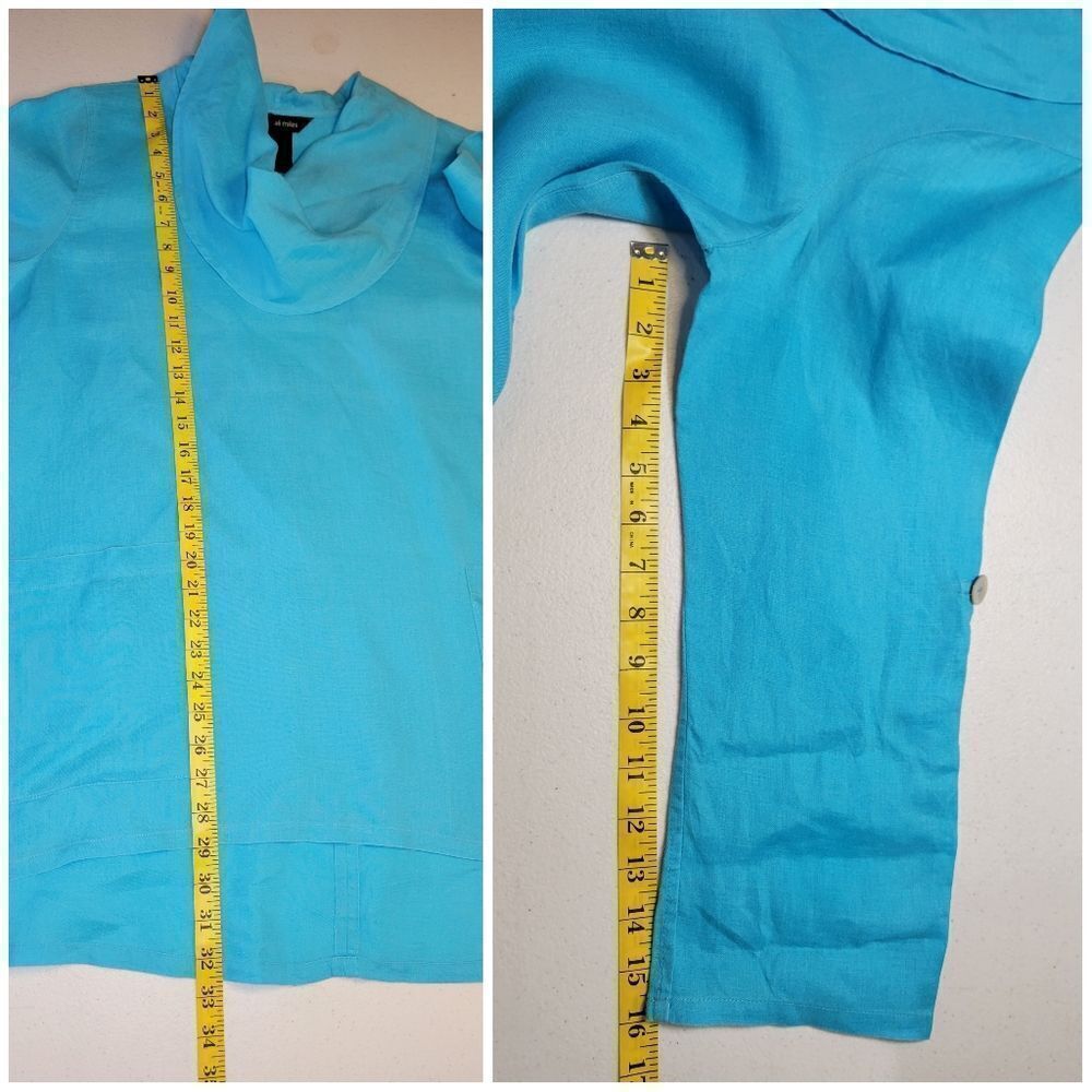 Ali Miles Linen Blue Cowl Neck Tunic Women's Top Roll Tab Sleeves - Picture 11 of 12